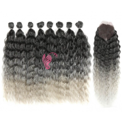 Extensii de par Afro Kinky Curly Hair Bundles cu Closure de 50 cm Ombre Brunet-Silver Grey Cod T-SGREY 50130350